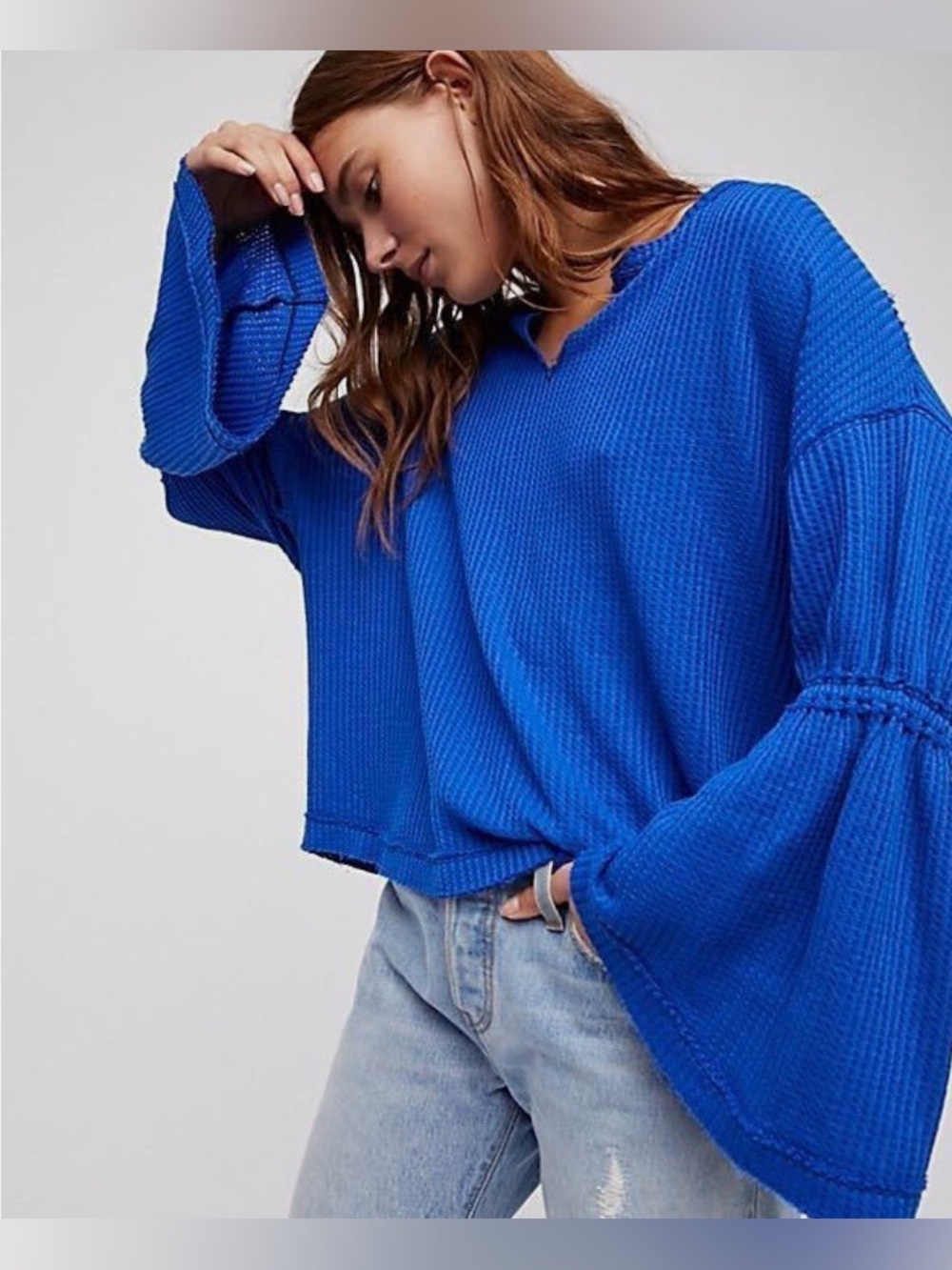 Free People - Sapphire Blue Dahlia Thermal Lightweight Bell Long Sleeve Blouse M